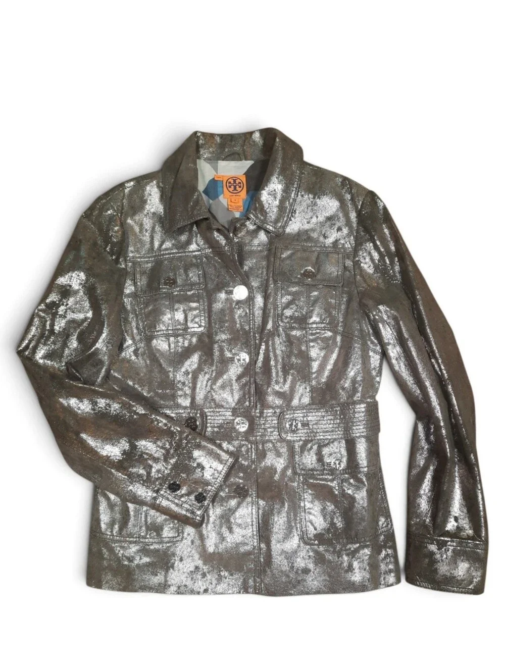 TORY BURCH Leather Jacket Pewter Bomber Biker Logo Distressed Military Thigh 14